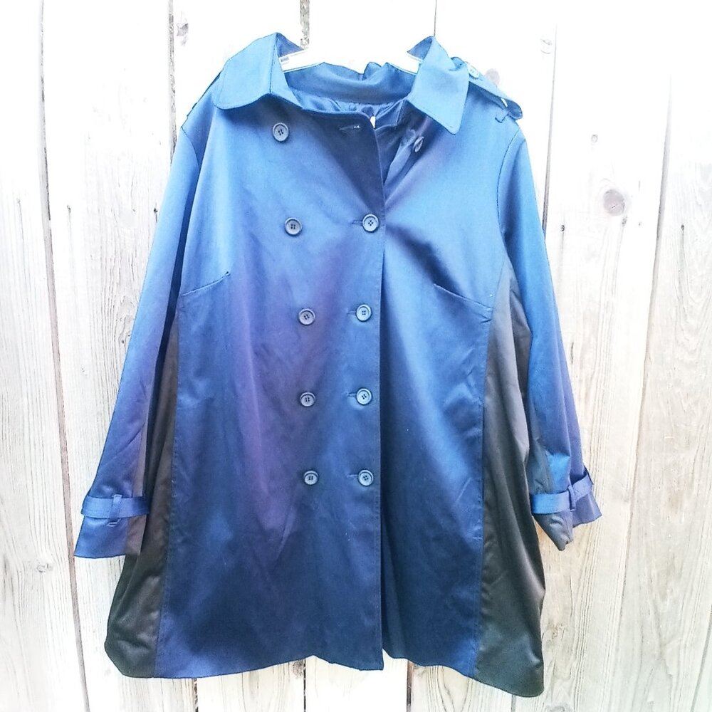 JOAN RIVERS COAT WOMENS PLUS SZ 3X BLUE BLACK TRENCH BUTTON TIE WAIST POCKETS